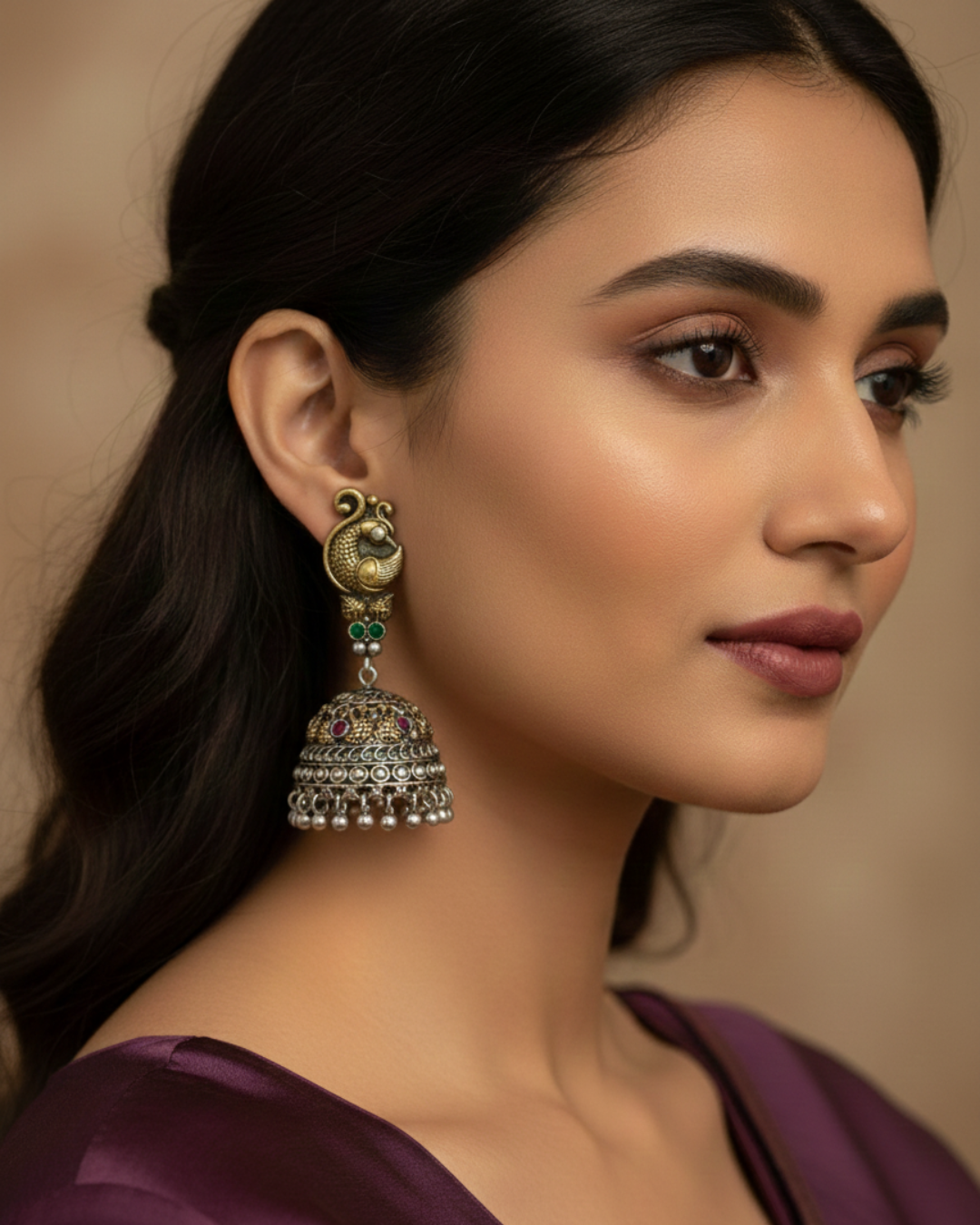 Woman wearing a traditional earring with a blurred background