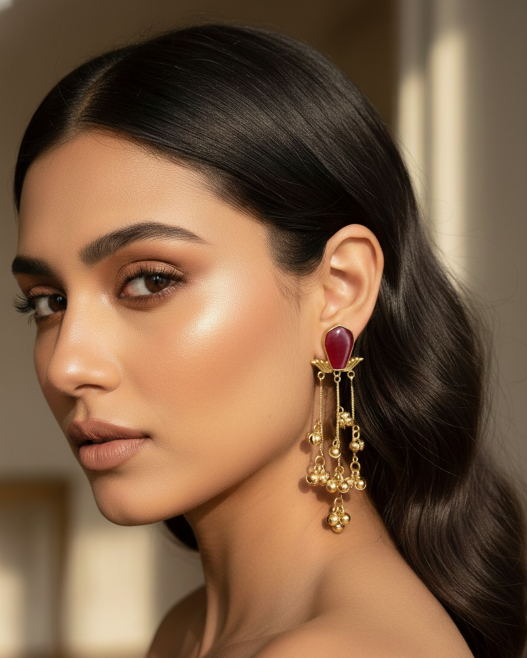 Woman wearing a gold earring with a red gemstone, close-up of the earring.