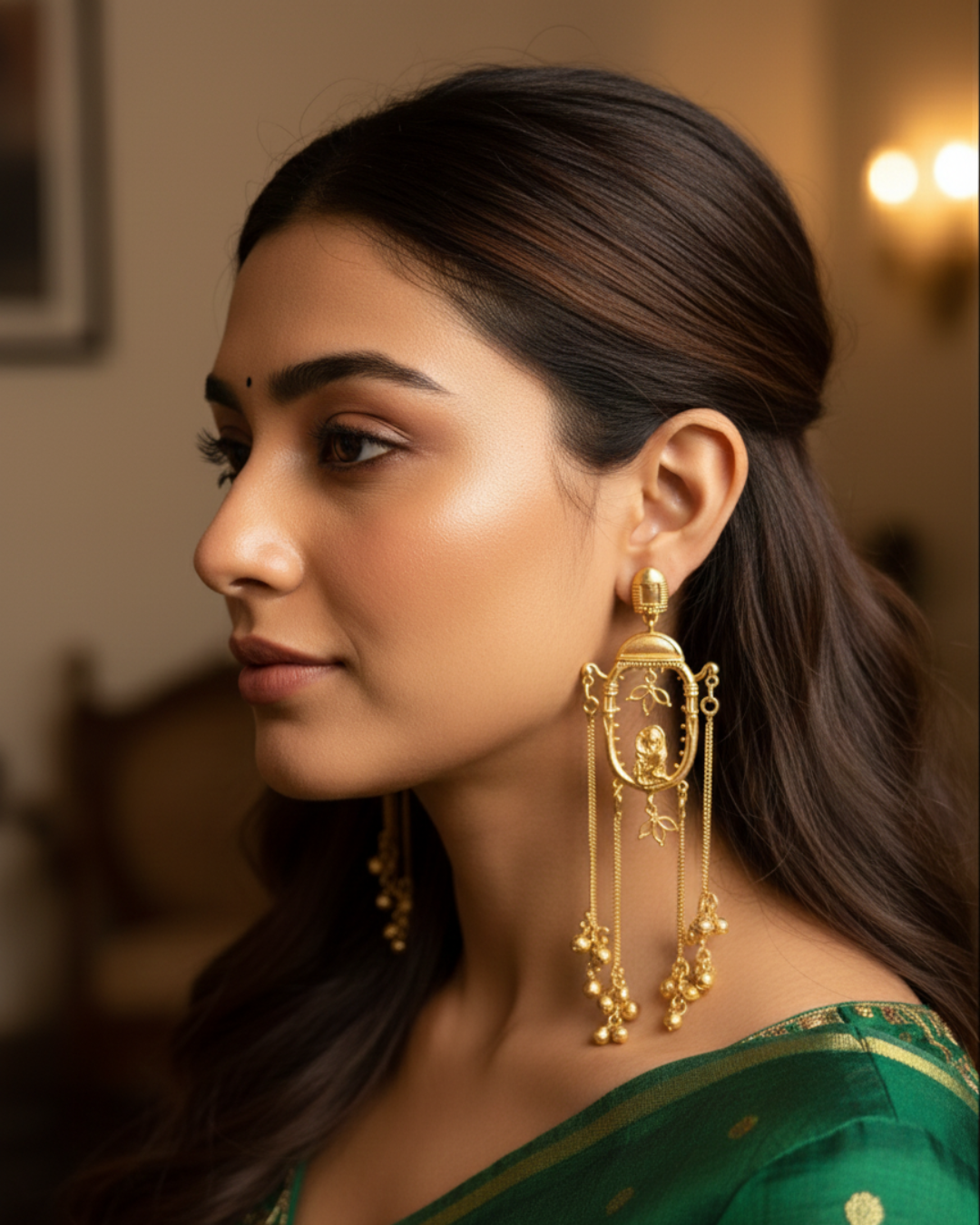 Woman wearing gold earrings with a blurred background