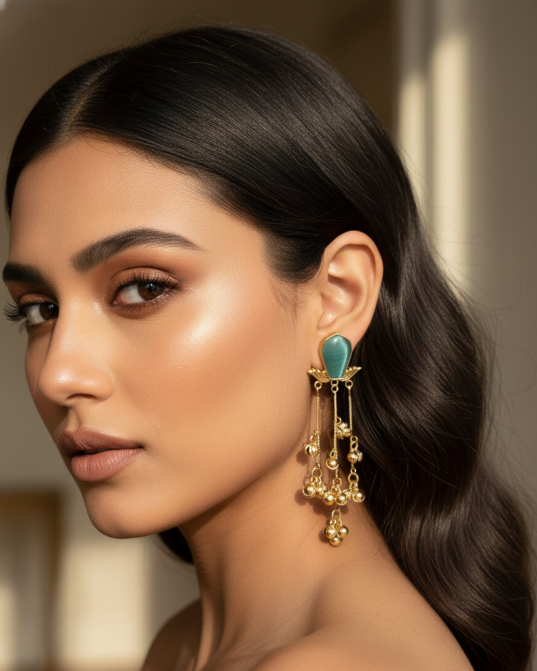 Woman wearing a turquoise earring with gold accents